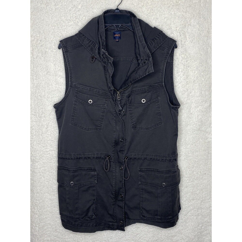 JAG Jean Hooded Field Vest Womens M Gray Drawstring Waist Zip Snap 4 Pocket Coat